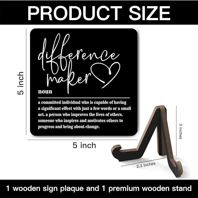 Wooden Table Sign Gift Difference Maker Definition Desk Decor Wood Plaque With Stand Unique Gift Ideas for Boss Women Best Mom Coworker Teacher Office(Black)-A03
