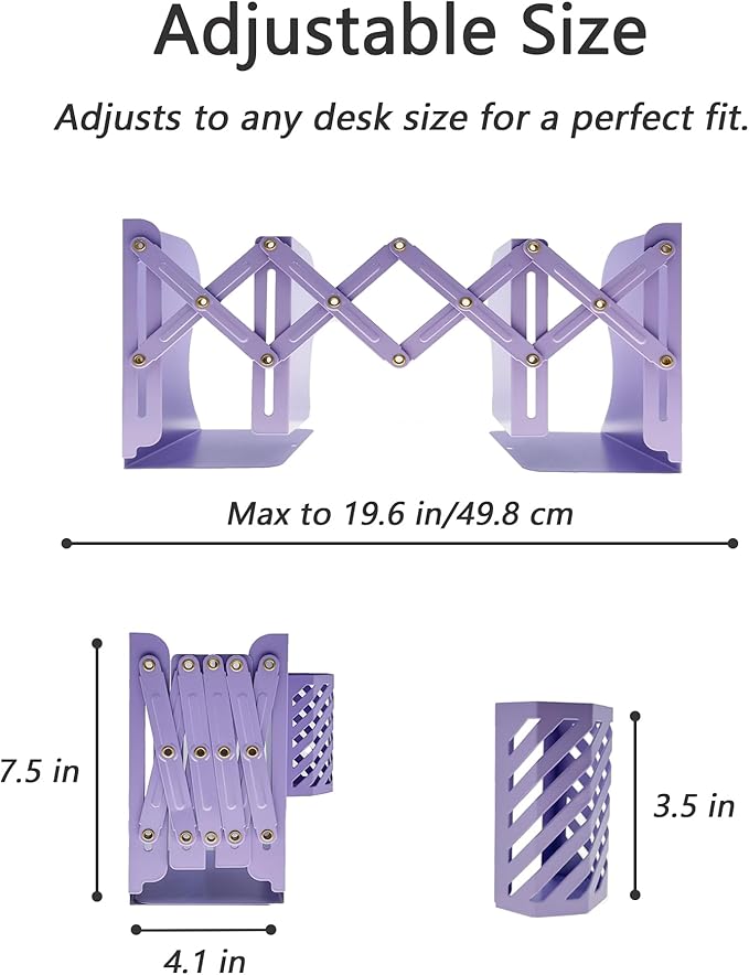 Kingsmile Book Ends, Adjustable Bookends for Shelves, Metal Bookends for Heavy Books, Book Stopper Organzier with Pen Holder for Desk, Kids Room, Office, Classroom, Library, Study Room.(Purple)