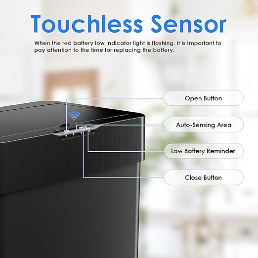 AthLike Sensor Trash Can, Touchless Motion Sensor Trash Bin, Smart Automatic Garbage Can with Soft-Close Lid, Bag Retainer Ring and Display Light,for Kitchen,Living Room Office (Black, 18.5 Gal)