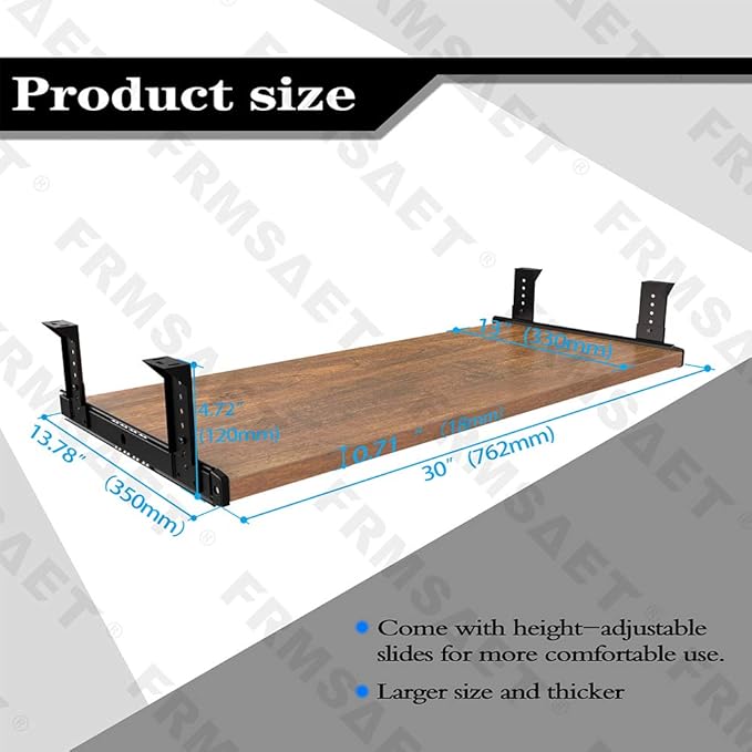 FRMSAET Furniture Accessories Office Product Suits Hardware 20/24/30 inches Keyboard Drawer Tray Wood Holder Under Desk Adjustable Height Platform. (30 inches, Brown)