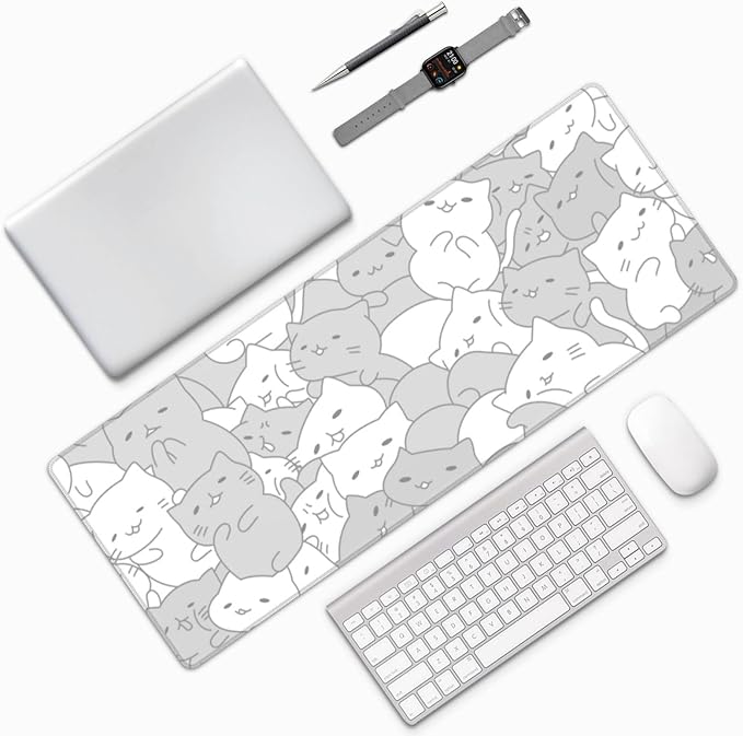 White Kawaii Cats E-Sport Mouse Pad Large Desk Mat Non-Slip Rubber Base Stitched Edge Keyboard Mouse Pad for Office Home E-Sport Computer Laptop, 31.5×11.8 Inches