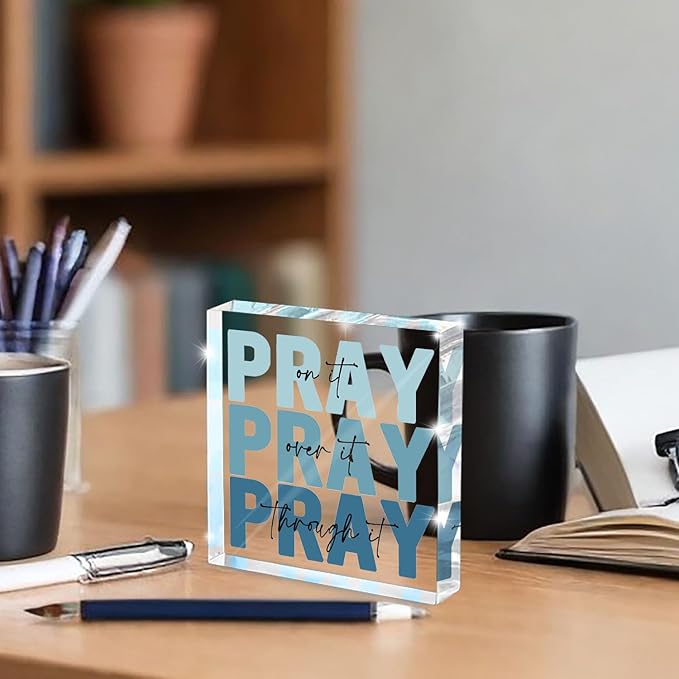 Religious Gifts for Women - Pray on it Pray over it Pray through it Acrylic Sign Decorative for Home Office Pastor Farmhouse Living Room Church Table Desk Bookshelf Decoration(blue)