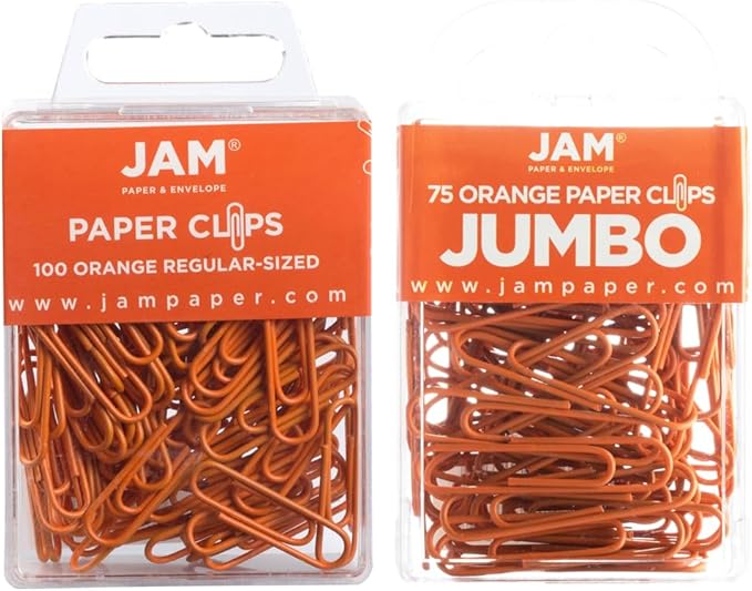 JAM PAPER Combo Pack Colorful Paper Clips - Standard & Jumbo - Orange Paperclips - 1 Pack of 100 & 1 Pack of 75