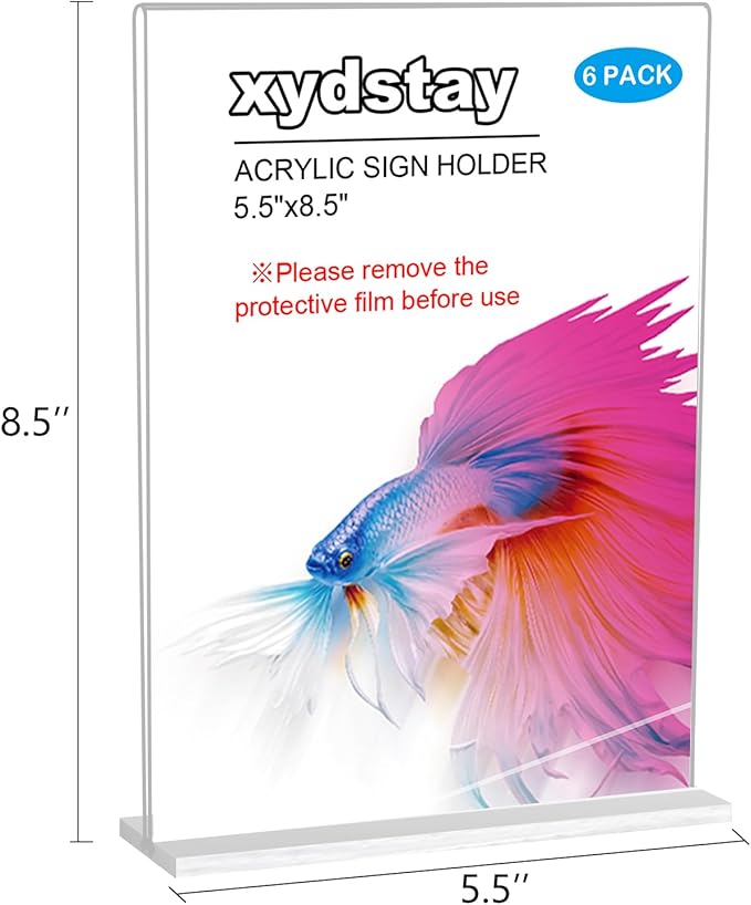 6pack Acrylic Sign Holder 5.5 X 8.5, Vertical T Shape Clear Plastic Menu Holder, Unbreakable Table Sign for Restaurant, Office, School, Store and Home Use