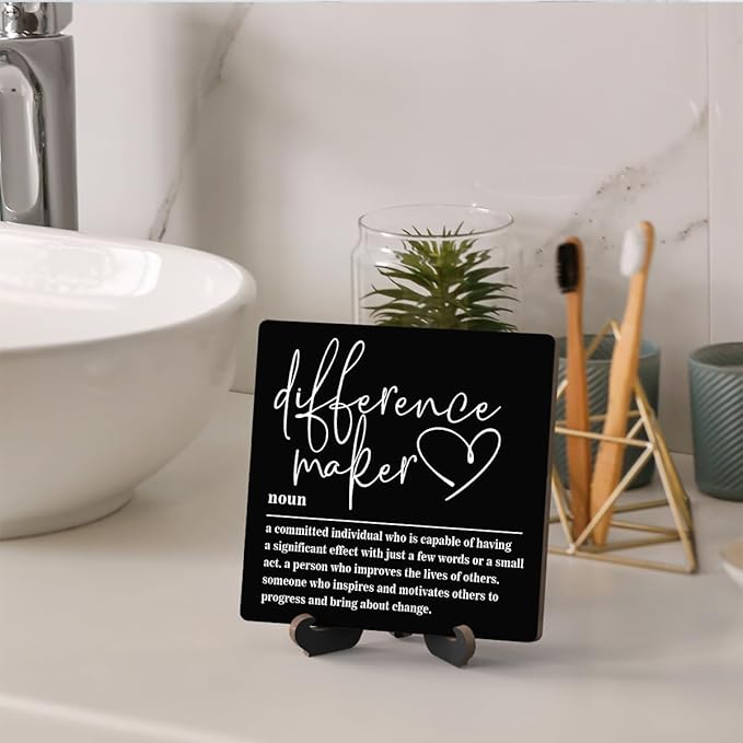 Wooden Table Sign Gift Difference Maker Definition Desk Decor Wood Plaque With Stand Unique Gift Ideas for Boss Women Best Mom Coworker Teacher Office(Black)-A03