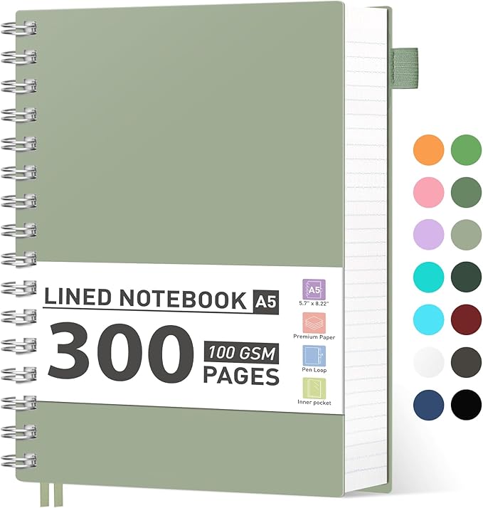 AHGXG Spiral Notebook - A5 Notebook College Ruled, Small 5.7" X 8.22", 300 Pages Thick Notebook Journal, 100GSM Lined Paper, Plastic Hardcover, for Work Office School Writing Notes, Sage Green