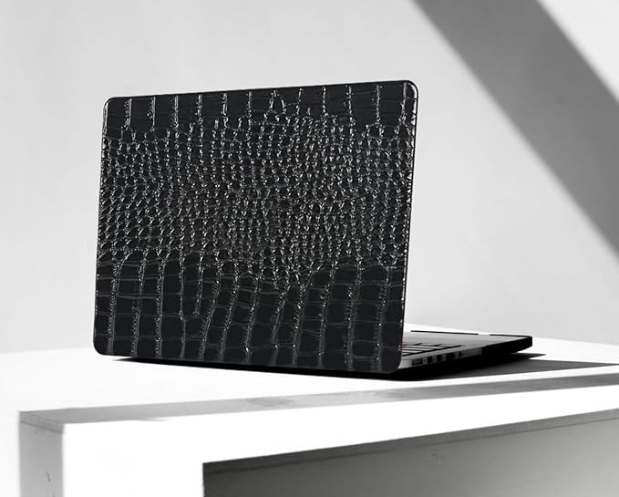 KEROM Compatible with Crocodile MacBook Air 13 Inch Case 2025-2022 M4 M3 M2 A3240 A3113 A2681, Textured Elegant Luxury Aligator Skin Snakeskin PU Leather Hardshell Case & Keyboard Cover, Shiny Black