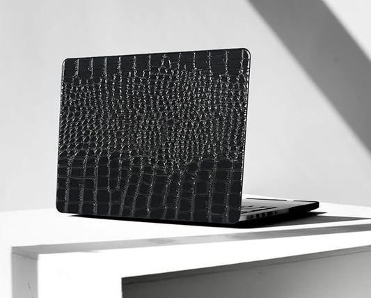 KEROM Compatible with Crocodile MacBook Air 13 Inch Case 2025-2022 M4 M3 M2 A3240 A3113 A2681, Textured Elegant Luxury Aligator Skin Snakeskin PU Leather Hardshell Case & Keyboard Cover, Shiny Black