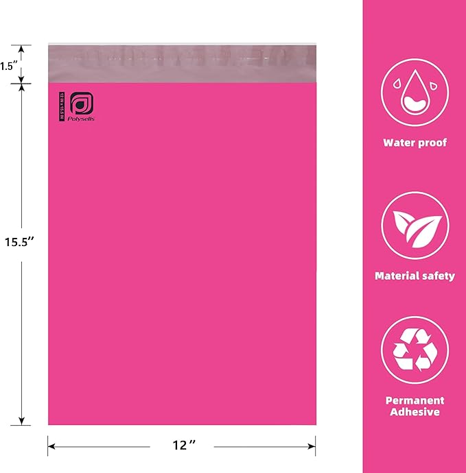 POLYSELLS 200 pcs 12x15.5 Inches Pink Poly Mailers Shipping Envelopes, Strong Adhesive Sealing, Waterproof, and Tear-resistant Postal Mailing Bags for Small Business, Clothes, Non-Fragile Items
