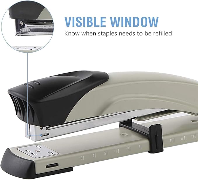 Long Reach Stapler,with 2000 Staples & Stapler Remover Full Strip，20-25 Sheet Capacity,with Built-in Ruler and Adjustable Locking Paper Guide, Gray