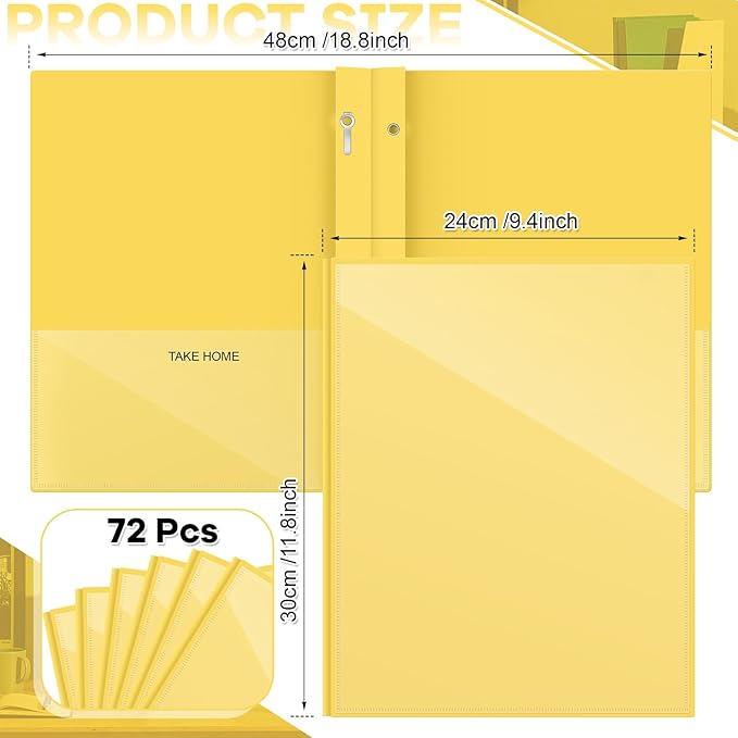 Henoyso 72 Pcs Plastic Folders with Clear Front Pocket and 3 Prong Take Home Plastic 2 Pocket Folder Back to School for Students Parent Teacher Communication for School Office (Yellow)