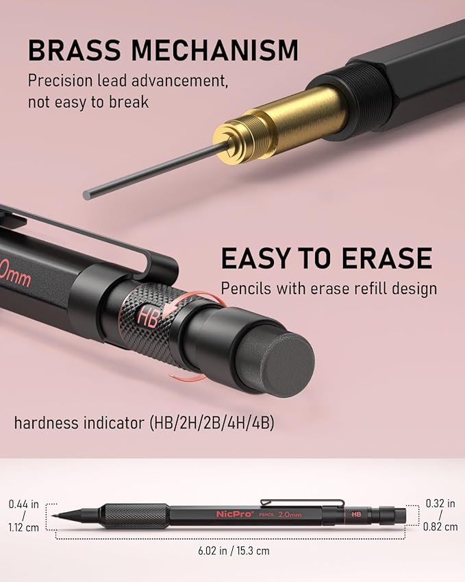 Nicpro 5 Pack 2mm Mechanical Pencils Set with Case, 65 Graphite Lead Refills (6B 4B 2B HB 2H 4H), 72 Colored Lead, Erasers -Weatherproof Metal Barrel, Heavy Duty Carpenter Pencil For Drawing Sketching