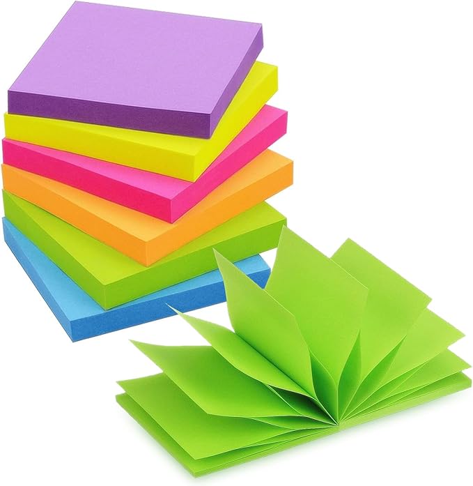 Pop Up Sticky Notes 3x3 inch Bright Colors Self-Stick Pads 6 Pads/Pack 100 Sheets/Pad Total 600 Sheets