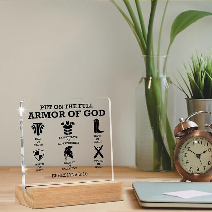 Christian Gifts for Men, Put on the Full Armor of God Bible Keepsake, Ephesians 6 10 Christian Clear Desk Decorative Sign Home Acrylic Decor