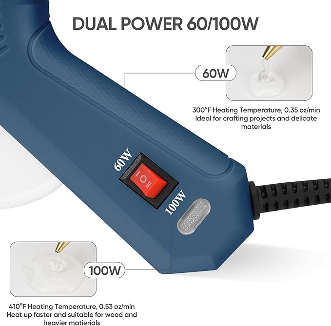 ROMECH Full Size Hot Glue Gun with 60/100W Dual Power and 21 Hot Glue Sticks (7/16"), Fast Preheating Heavy Duty Industrial Gluegun with Storage Case for Crafting, DIY and Repairs (Blue)