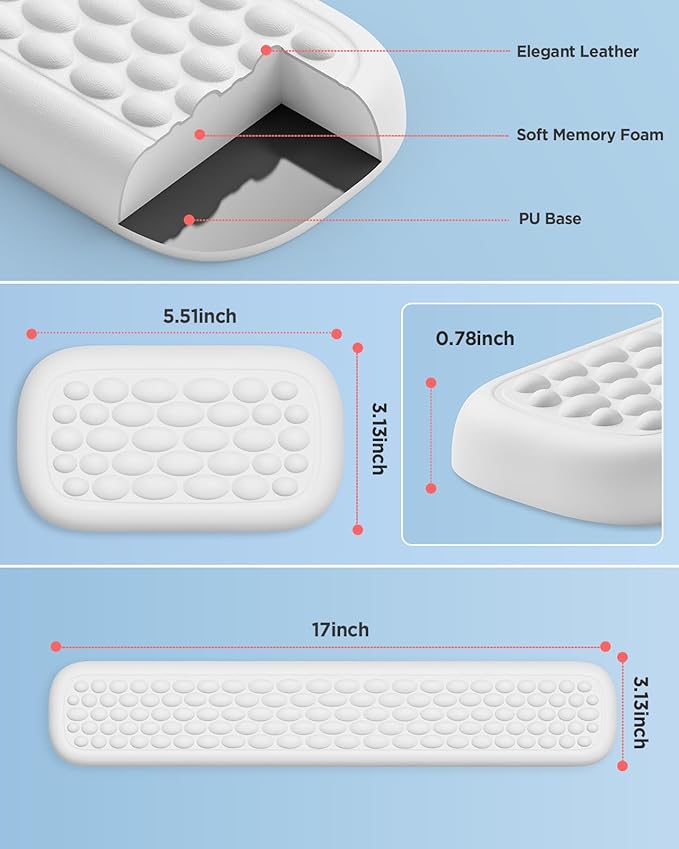 Lekvey Ergonomic Wrist Rest for Computer Keyboard - Memory Foam with Massage Points & Waterproof PU Leather Wrist Pad, Carpal Tunnel Support for Office/Gaming, Typing Pain Relief, Easy-Clean（White）