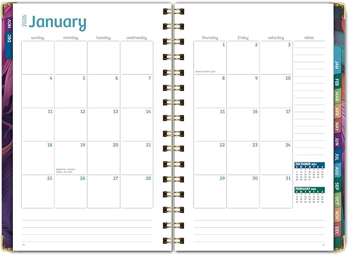 HARDCOVER 2026 Planner, 5.5"x8": 14 Months (November 2025 - December 2026), Daily Weekly Monthly Planner, Yearly Agenda, Bookmark, Pocket Folder and Sticky Note Set (Pastel Peacock)