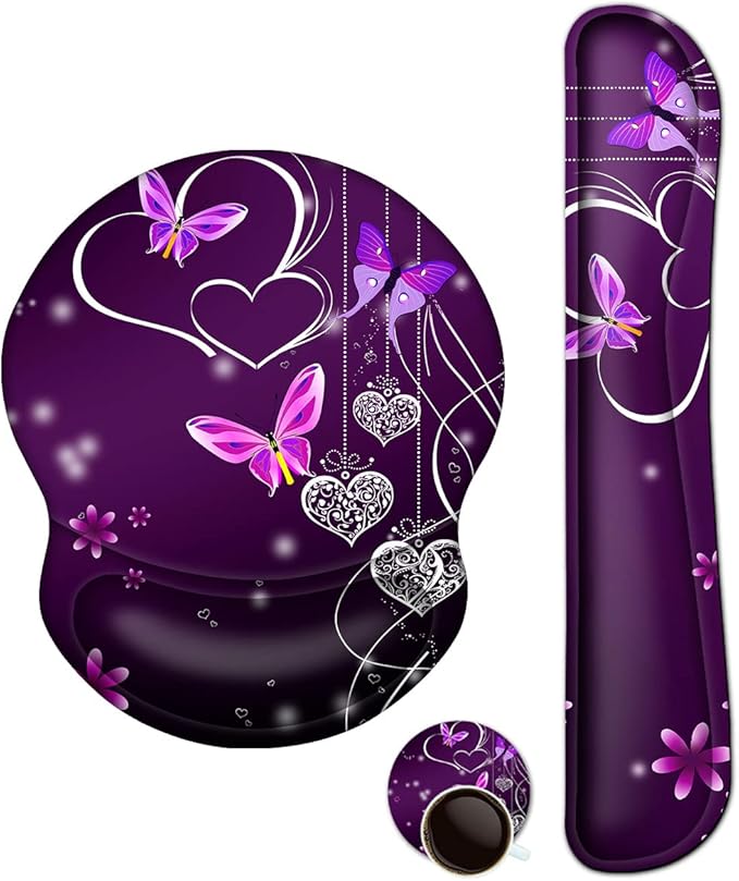 ArtSo Upgraded Wrist Rest Support for Mouse Pad & Keyboard, Ergonomic Gel Mousepad Non-Slip Rubber Base Home,Office Pain Relief, Easy Typing Cushion Neoprene, Soft Memory Foam, Purple Heart Butterfly