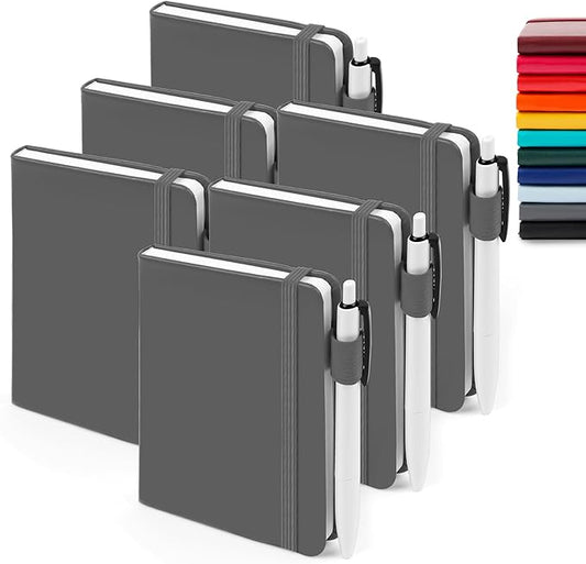 feela 6 Pack Pocket Mini Notebooks Bulk, Small Cute Memo Notepads Hardcover College Ruled Lined Journals with Pen Holder for School Business Work, with 6 Black Pens, 3.5”x 5.5”, A6, Gray