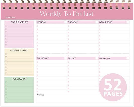 Weekly To Do List Notepad, Undated Planner with 52 Sheets (8.5''x11''), Desk Weekly Planner for Women & Man, Home School & Work (Pink)