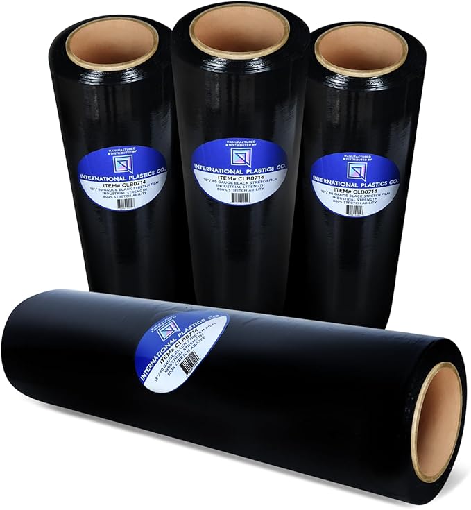 International Plastics Co. Black 18" Stretch Film/Wrap 1500 feet 7 Layers 80 Gauge Industrial Strength 800% Stretch 20 Microns Durable Adhering Packing Moving Heavy Duty Shrink Film (1 Pack, Black)