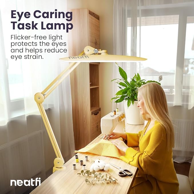 Neatfi XL 2,200 Lumens LED Desk Lamp with Clamp, 24 Watt Bright Architect Task Lamp, 20 Inches Dimmable Computer Light, Adjustable Desk Light for Home, Office, Crafts, Nails & Hobbies (Non-CCT, Gold)