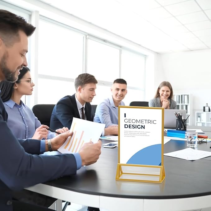 Acrylic Sign Holder 5X7 Gold Picture Frame,Double Sided Clear Display Stand , Table Acrylic Stand for Home Office Shop Restaurant (4pcs)