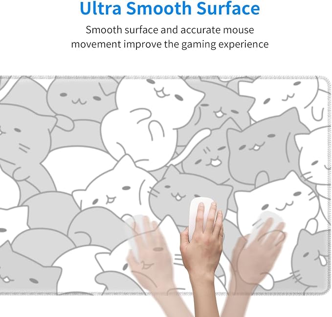 White Kawaii Cats E-Sport Mouse Pad Large Desk Mat Non-Slip Rubber Base Stitched Edge Keyboard Mouse Pad for Office Home E-Sport Computer Laptop, 31.5×11.8 Inches