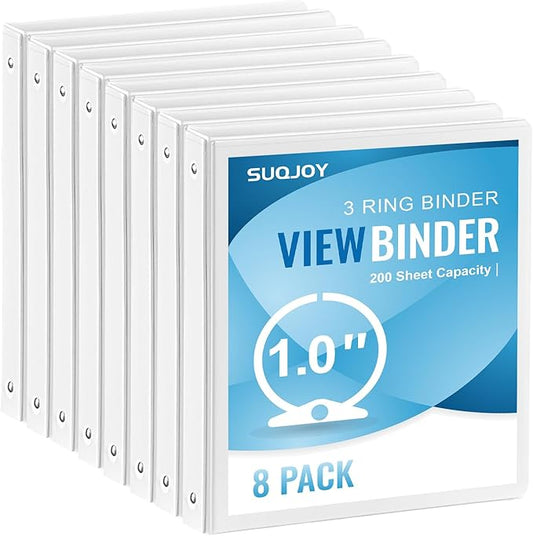 1-inch 3-Ring Binder, 1 Inch Round Ring Binder with 2 Inside Pockets, 8 Pack White Binders, Clear View Cover, Holds 8.5'' x 11''Paper for Office/Home/Back to School