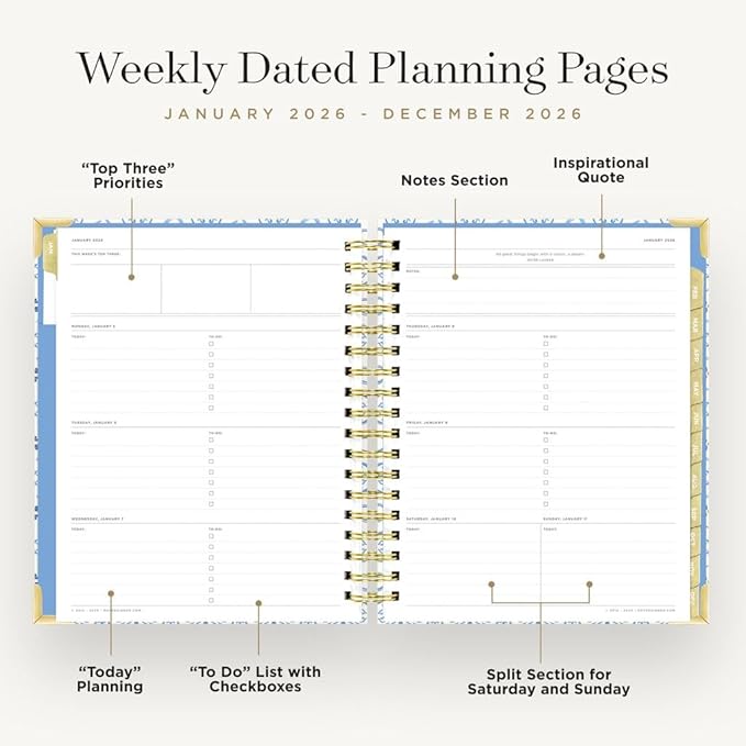 Day Designer 2026 Weekly Planner – Premium Planner for Stylish Organization. Combines Weekly & Monthly Calendars, Daily Schedule, Notes Pages, Goal Setting, Stickers, Pocket & More. Elegant Laminated Cover with Gold Accents (Casa Bella Design - 2026)