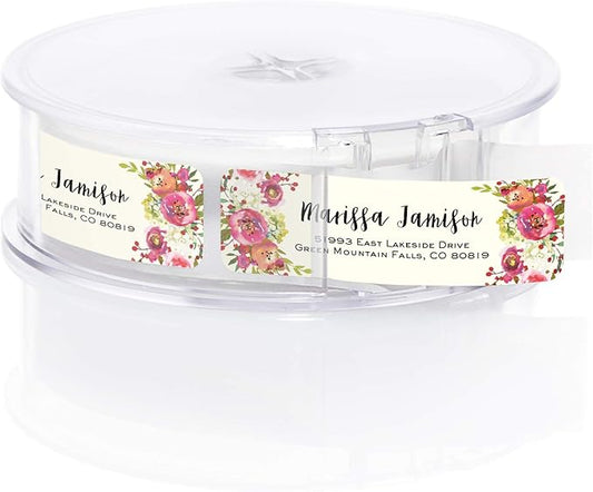 Vibrant Floral and Ivory Rolled Address Labels/Roll of 250 Personalized Address Labels/Designer Return Address Stickers in Elegant Plastic Dispenser