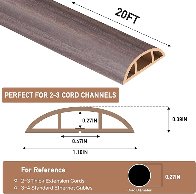 Floor Cord Cover Self Adhesive Cord Hider Floor Extension Cord Covers for Floor Power Cord Protector Cable Management Prevent Cable Trips Cable Cavity 0.47" W x 0.27" H (Brown Walnut Wood, 20Ft)