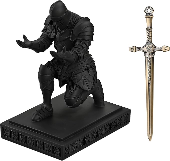 Medieval Armored Warrior Knight Pen Holder Desk Organizers and Accessories Resin Pencil Holder Paperweight as Gift with a Cool Letter Opener for Desk (Black)