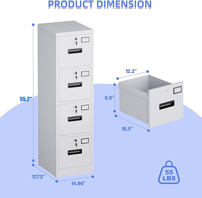 4 Drawer File Cabinet, Metal Vertical File Storage Cabinet with Lock, Office Home Steel Vertical File Cabinet for A4 Letter/Legal Size, 14.96" W x 17.72" D x 55.2" H, Assembly Required