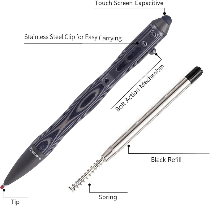 Cool Hand 5.7'' Bolt Action Pens, EDC Ballpoint Ink Refillable, Stylus for Touch Screen, G10 Body w/Pocket Clip, Ergonomic Grip, with a Free Refill, 5375-B