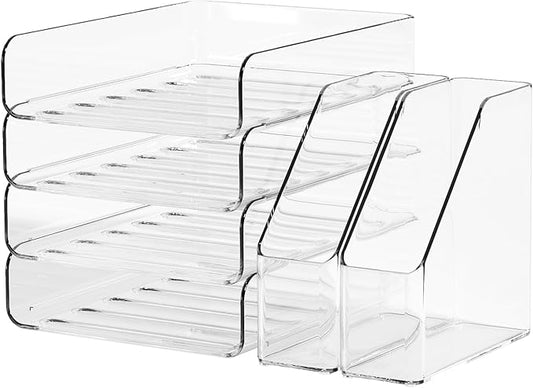 4-Tier Brown Acrylic Paper Tray Organizer for Desk + 2 Bookends – Stackable Letter Tray, Acrylic Desk Accessories/File Organizer, Office Paper Organizer