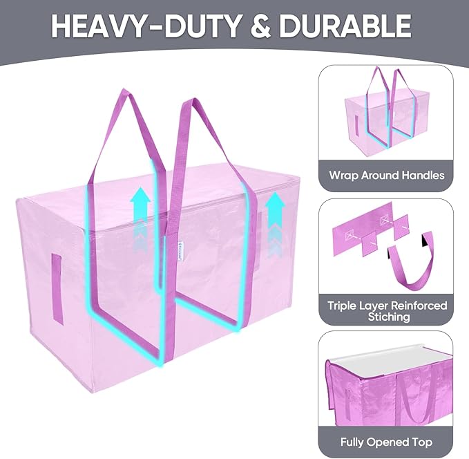 TICONN 6 Pack Extra Large Moving Bags with Zippers & Carrying Handles, Heavy-Duty Storage Tote Moving Boxes for Space Saving (6 Pack, Pink)