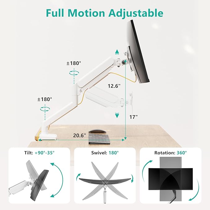 WALI Single Monitor Arm Mount Stand, Adjustable Gas Spring Arm Monitor Mount for Display up to 32 Inch,19.8lbs Capacity (GSMP001W), White