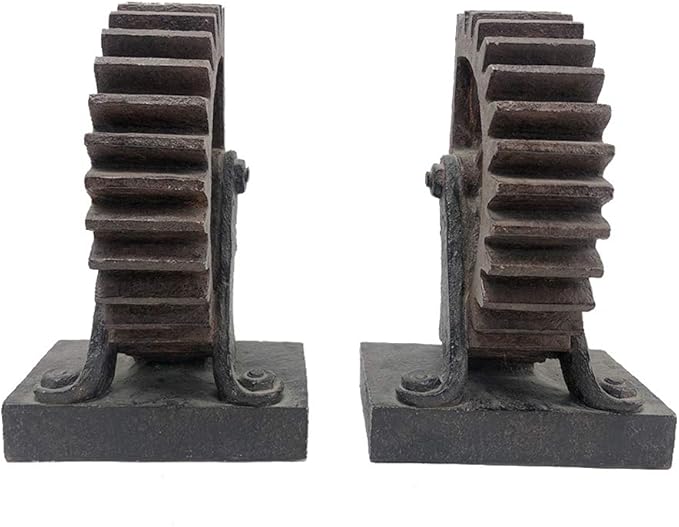 Comfy Hour Farmhouse Collection Resin Set of 2, Wheel Gear Art Bookends, Solid Heavy Weight, Brown & Black