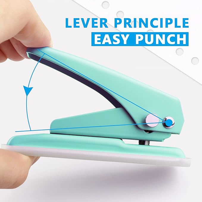 Single Hole Puncher Handheld 1/4 Inches Hole Punch, 20 Sheet Paper Punch Capacity Metal Hole Puncher with Skid-Resistant Base for Paper, Chipboard, Art Project, Green