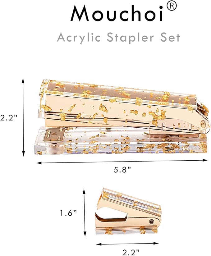 Acrylic Stapler Gold Leaf with 25 Sheets Capacity and Hold 100 Staples, Gold Stapler and Staple Remover Set Palm Size and high Comfort, Stylish Desk Accessories for Classroom, Office Supplies, Home