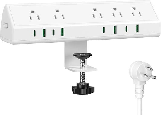 45W Fast Charging Station,Desk Clamp Power Strip,4 PD USB-C Ports,5 AC Outlets,Surge Protector Power Strip, 14AWG Heavy Duty Cord, Fits 1.9" Tabletop Edge (White, 15 FT Cable)