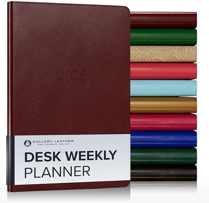 Gallery Leather Desk Weekly Monthly Planner 2025-2026, Elegantly Bound Calendar Planner and Notebook with Stylish Gold-Gilded Page Edges, 12 Months - Tremont Garnet - 8 x 5.5 "