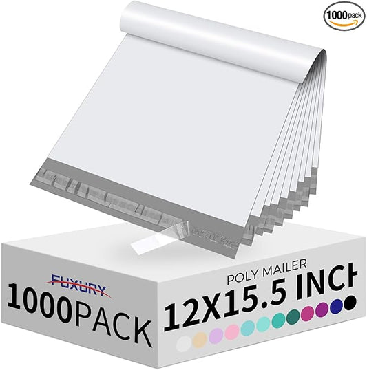 Fuxury Poly Mailers 12x15.5 Inch 1000 Pack, Bulk Shipping Bags for Clothing, Strong Adhesive Shipping Envelopes for Small Business Suppliers,Waterproof Mailers Poly Bags Mailing Envelopes White