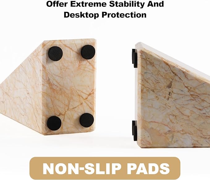 Marble Bookends，Natural Decorative Bookend for Shelves, Non-Skid Book End for Heavy Books, Idea Book Stoppers & Holder for Desk Bookshelf Decor, Modern Home Decor Cream Color Book Ends, Set of 2