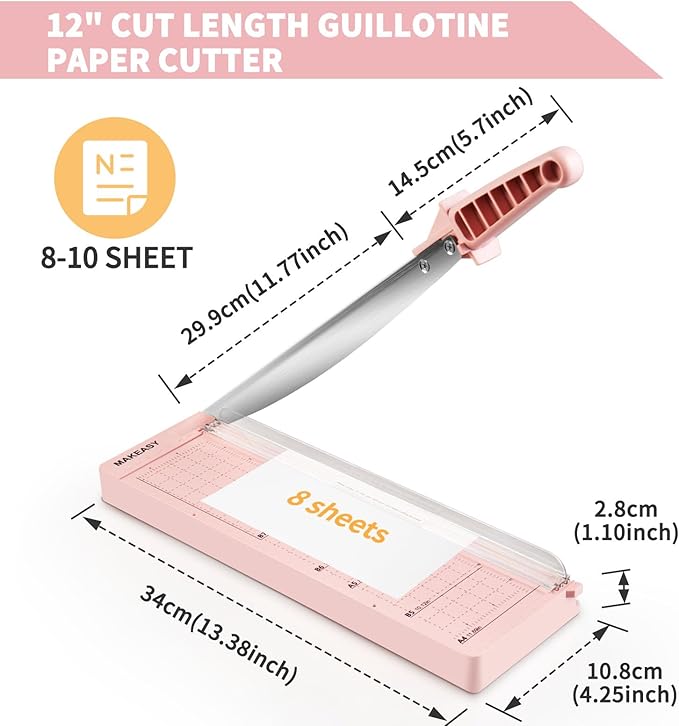 MAKEASY Paper Cutter 12 Inch, Guillotine Paper Cutter with 8 Sheet Capacity, Heavy Duty Paper Cutter for Cardstock, Paper Trimmer for Crafting, Classroom and Office, Pink