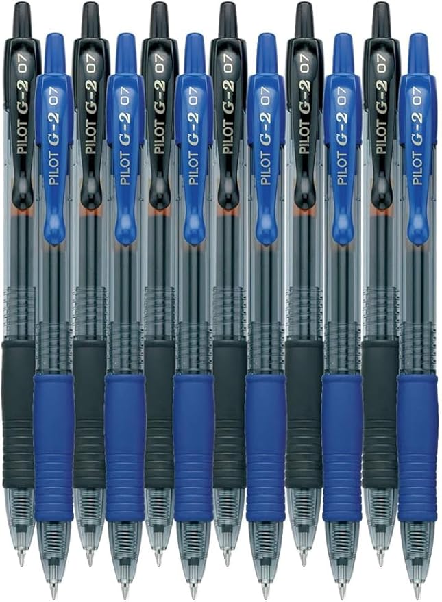 G2 Retractable Premium Gel Ink Roller Ball Pens Fine Point Fine Point (.7mm) Black/Blue Ink 12-pk; Refillable & Premium Comfort Grip Bundle with Plastic Reusable Pouch