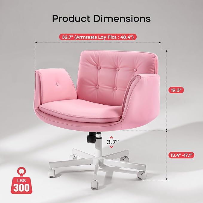Criss Cross Chair with Armrests & Wheels, PU Leather Vanity Chair, Comfortable Adjustable Swivel Computer Office Desk Chairs for Home, Make Up, Bed Room (Pink)