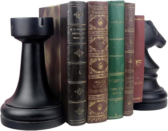 Chess Bookends, Office Decorative Bookends for Shelves, Heavy Bookends Book Stoppers Book Holders for Desk Decoration, 7x7x4 inches, Black,1Pair/2Piece