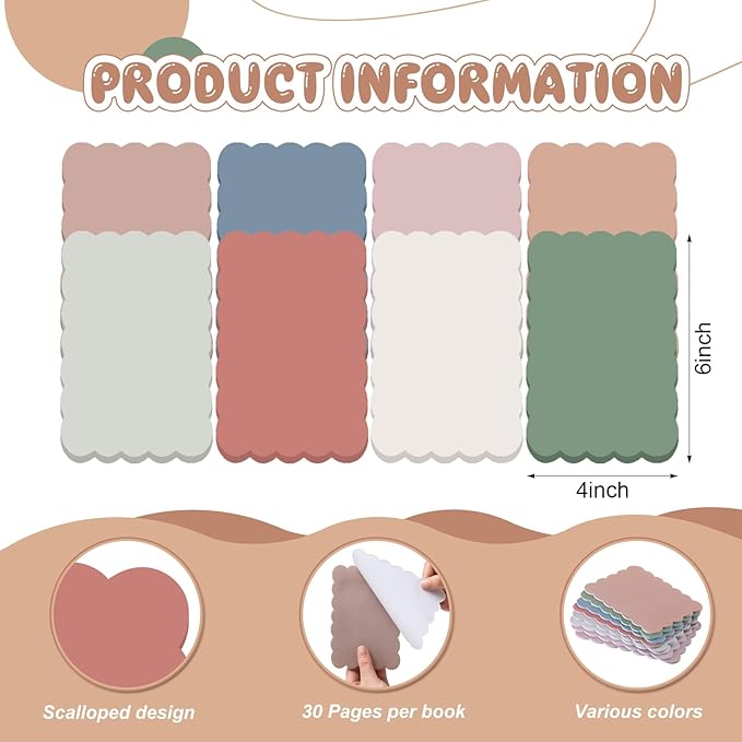 Eaasty 8 Pack Scalloped Sticky Notes Bulk Christmas Cute Self Sticky Note Pads Multi Color Bright Vintage Note Pads or School Office Supplies 240 Sheet(4" X 6",Colors Vintage)